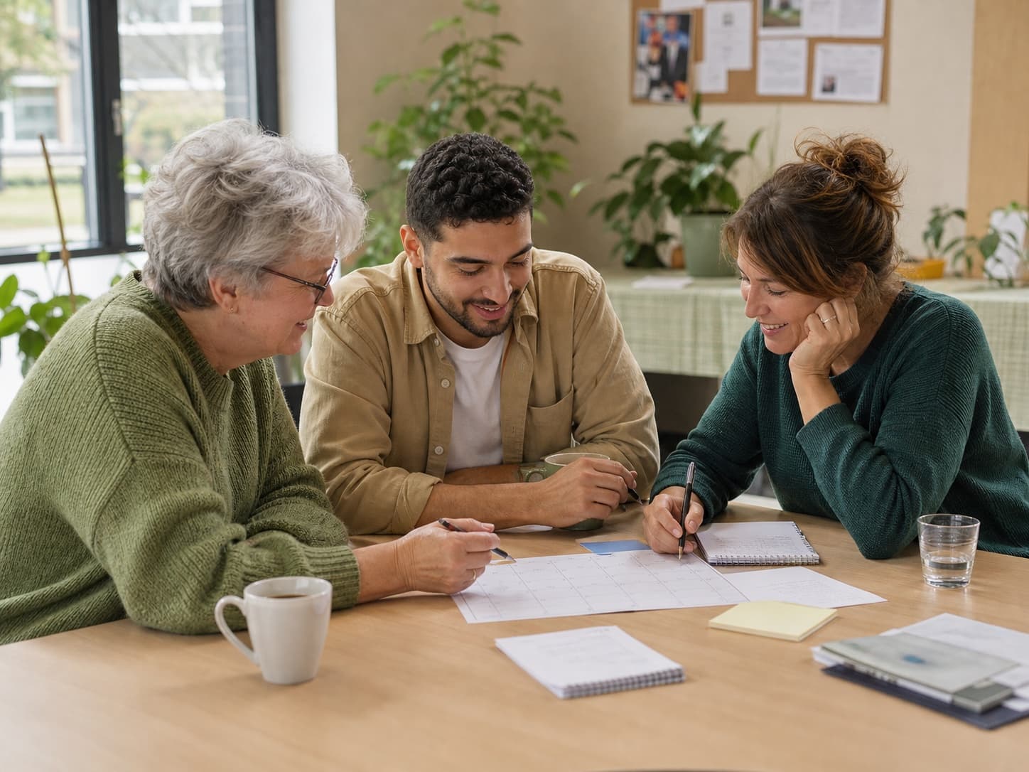 Drie mensen plannen samen een activiteit